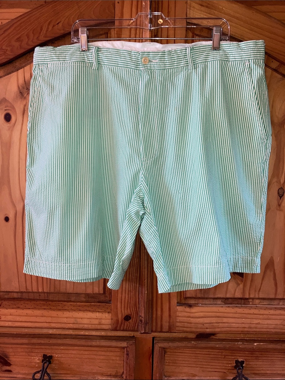 Men Polo Ralph Lauren green white seersucker chino shorts size 42